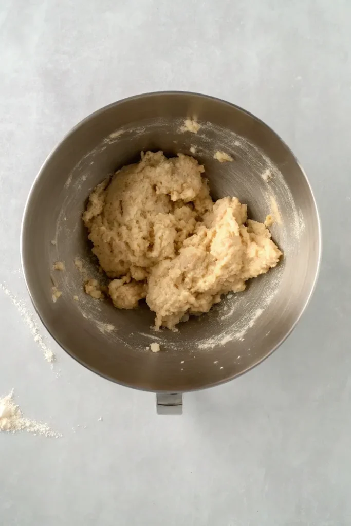 dough in a mixing bowl, slightly crumbly and not fully combined.
