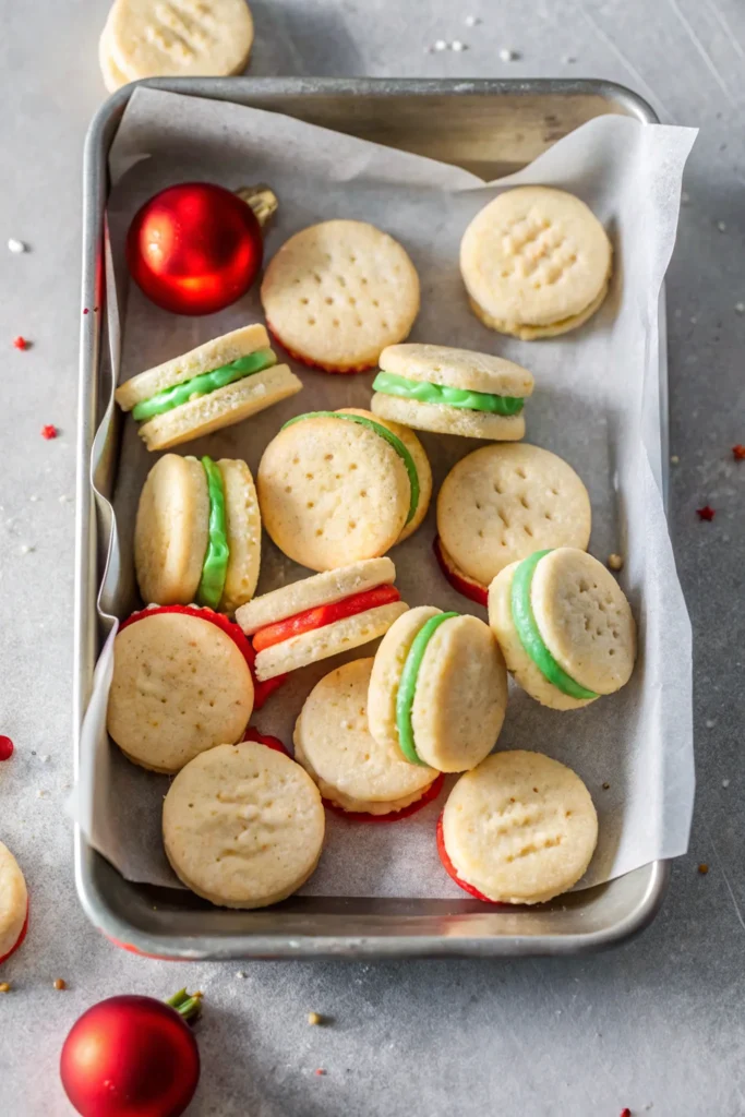 Wafer cookies filled with green and red cream, arranged in a metal tray with a red ornament.