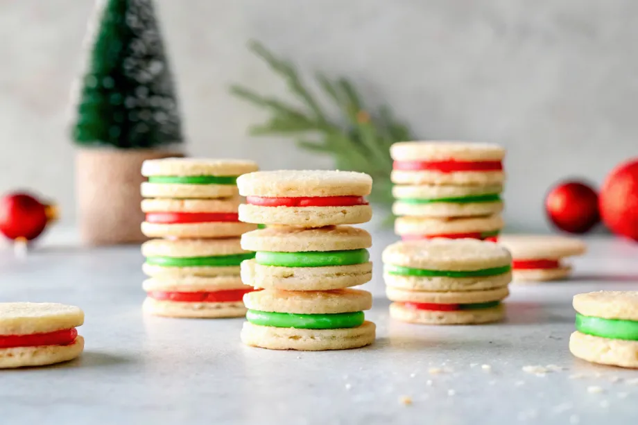 Stacked wafer cookies with red and green cream filling, surrounded by Christmas decorations.