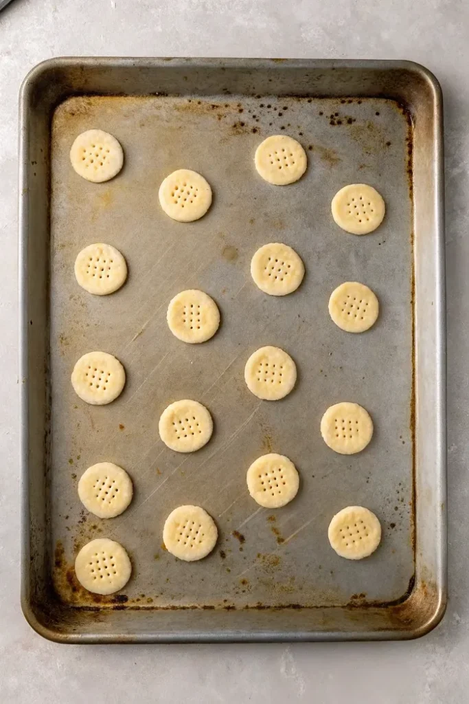 Baked wafer cookies with small holes pressed into the center, arranged on a baking tray.
