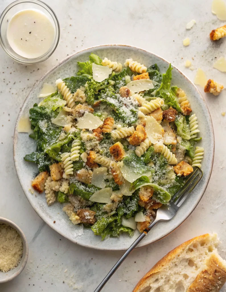 A plate of Caesar pasta salad