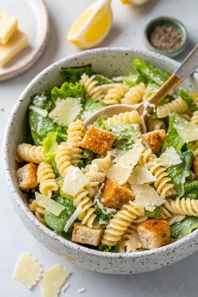 A bowl of Caesar pasta salad with rotini pasta