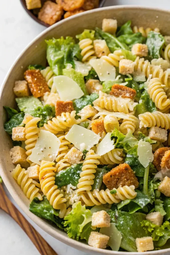 A bowl of Caesar pasta salad