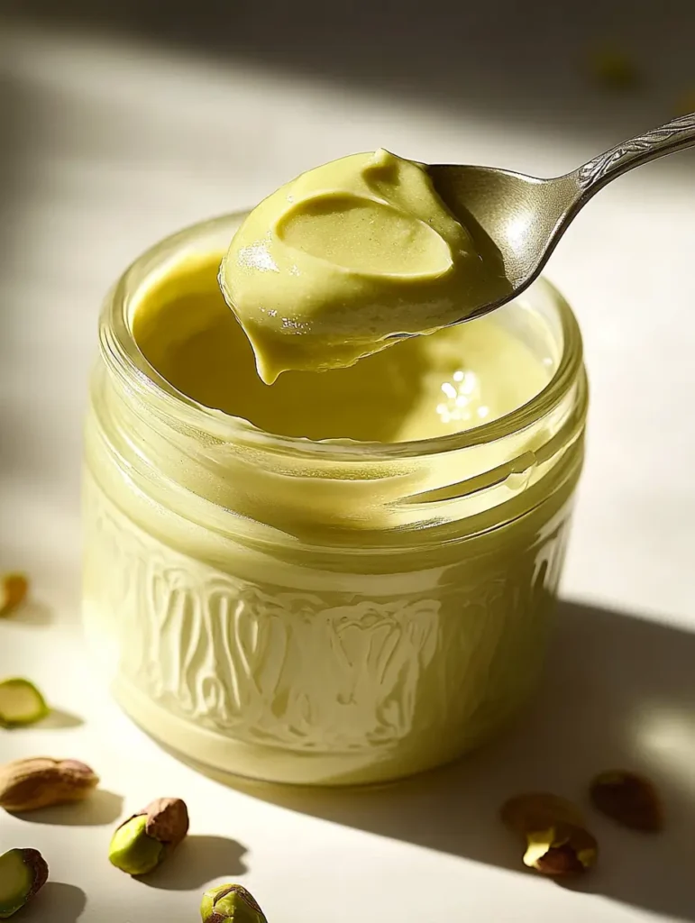 Spoonful of smooth pistachio cream lifted from a jar.