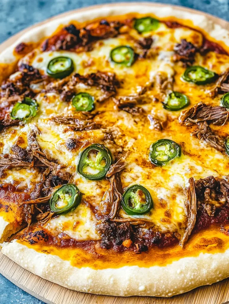 A freshly baked birria pizza topped with jalapeños, shredded beef, and melted cheese.