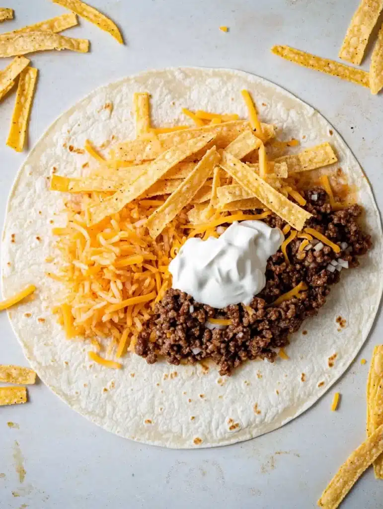 Tortilla filled with seasoned beef, rice, and cheese
