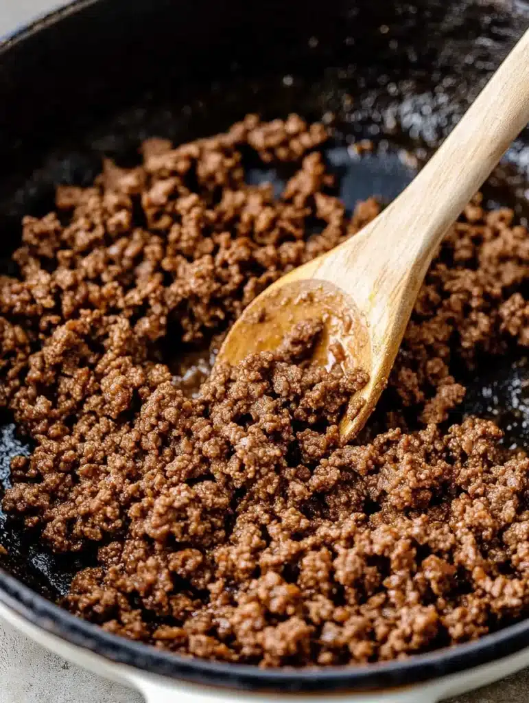 Browned crumbled beef in a skillet