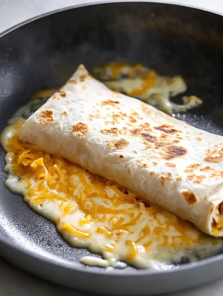 Grilled burrito with melted cheese spilling out