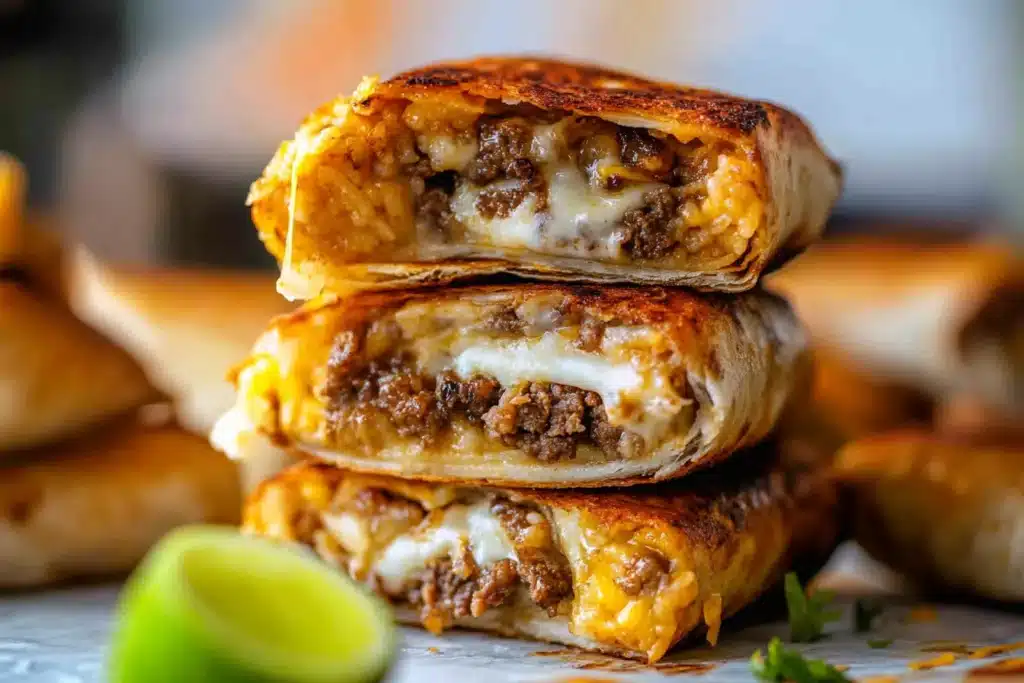 Grilled burrito stack with melted cheese and seasoned beef