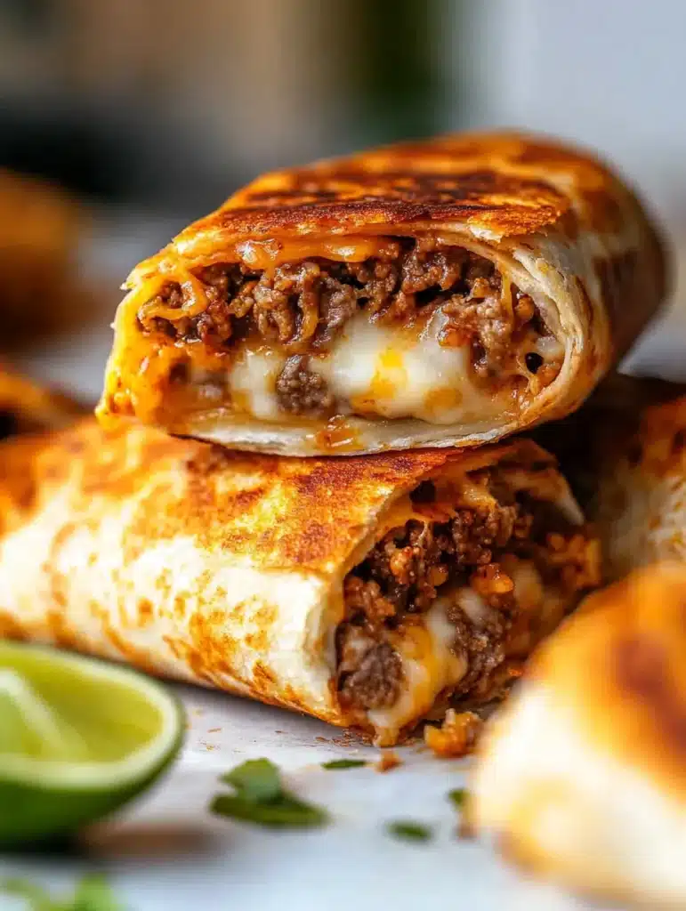 Close-up of a grilled burrito with cheese and seasoned beef
