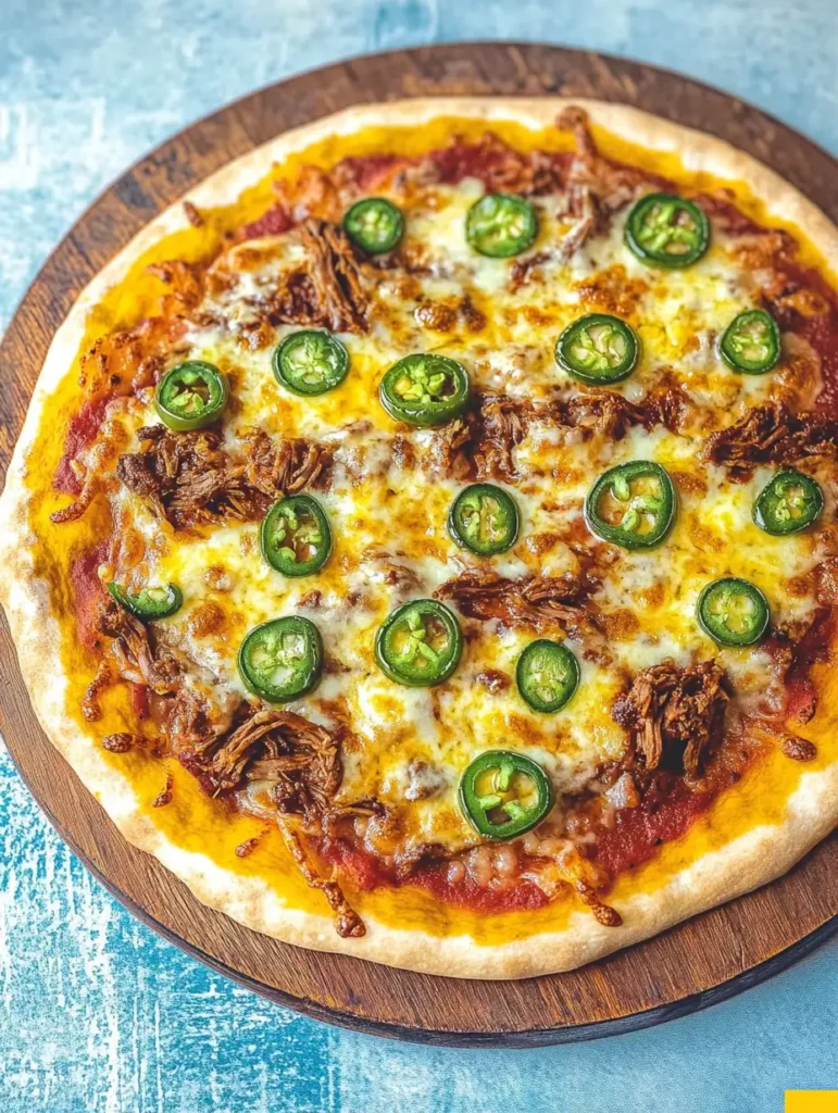 A freshly baked birria pizza topped with shredded beef, melted cheese, and sliced jalapeños.