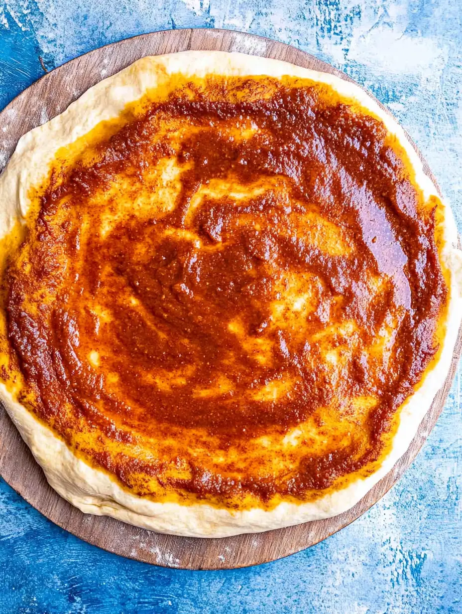 An unbaked pizza dough spread with birria sauce, ready to be topped with beef and cheese.