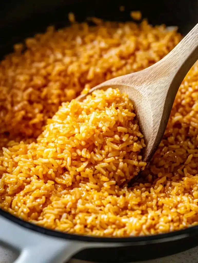 Skillet with yellow rice being stirred