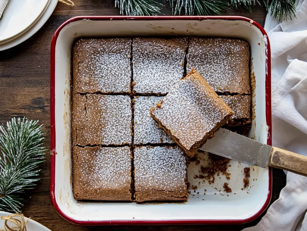 A top-down view of freshly baked gingerbread brownies in a square dish, dusted with powdered sugar. One brownie is partially cut and lifted with a spatula.