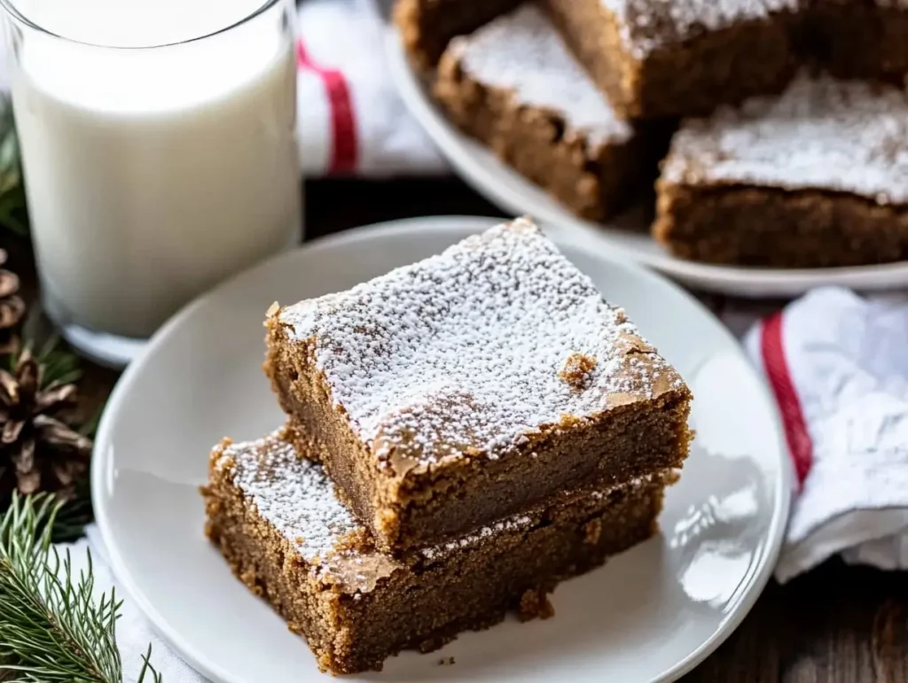Two gingerbread brownies stacked on a plate, dusted with powdered sugar, next to a glass of milk, with more brownies in the background.