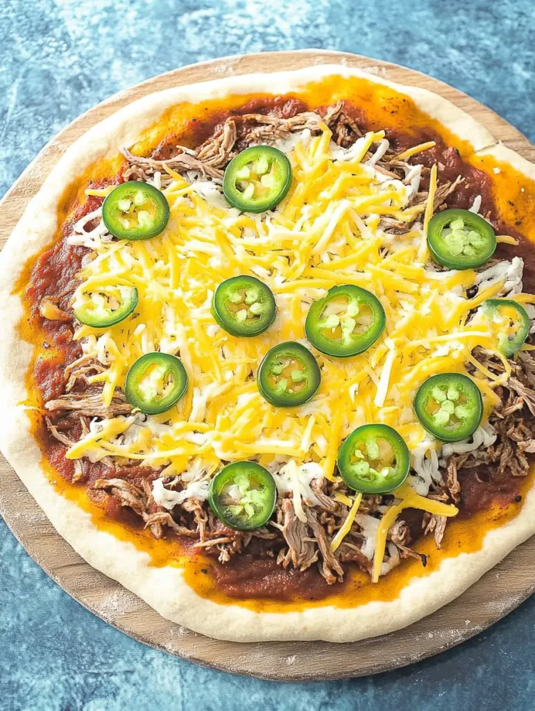 An unbaked birria pizza topped with shredded beef, cheese, and sliced jalapeños.