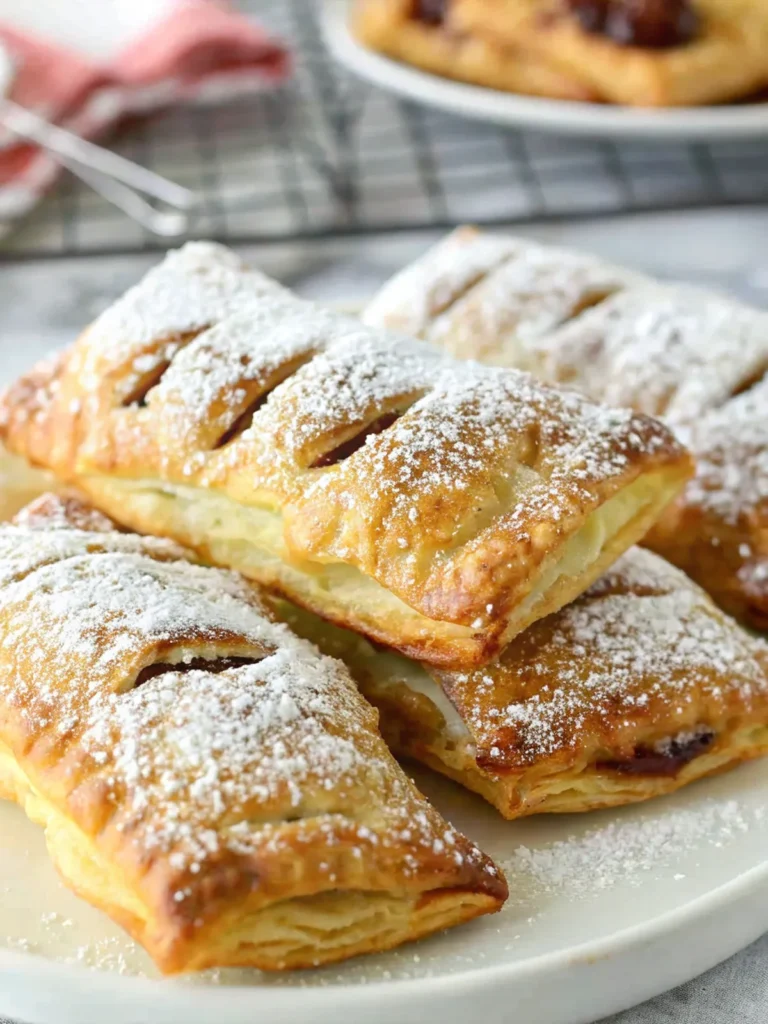 Apple puff pastries dusted with powdered sugar, displayed on a plate with more pastries cooling on a wire rack in the background.