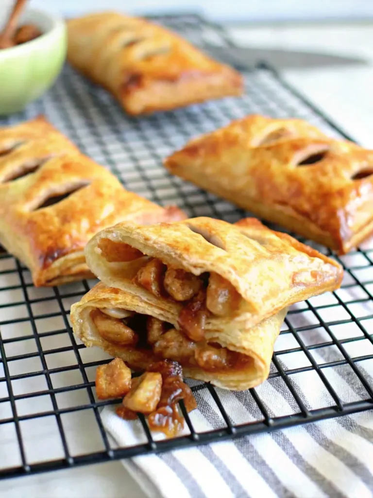 An apple puff pastry filled with caramelized apples, partially opened to show the filling, with more pastries cooling on a rack in the background.