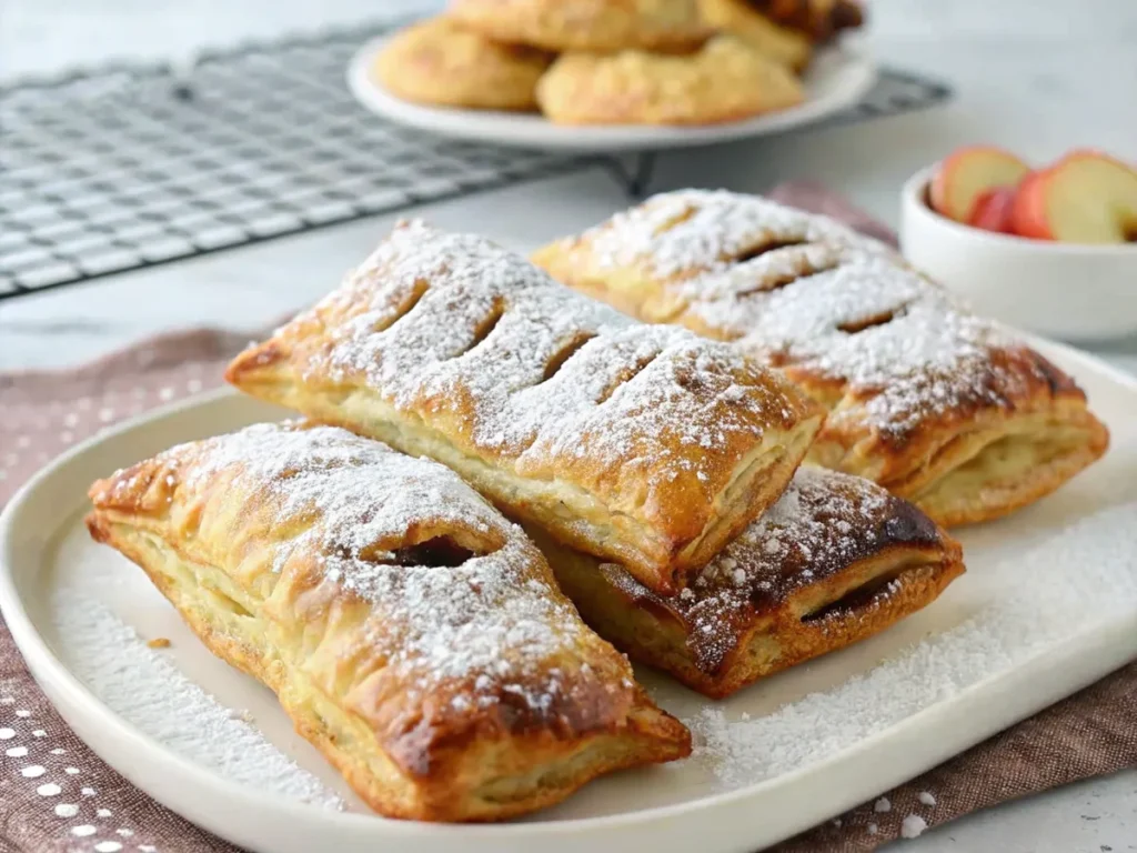 Golden apple puff pastries with powdered sugar on top, displayed on a white plate, with more pastries on a cooling rack in the background.