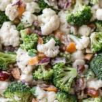 broccoli cauliflower salad with dressing, cheese, and fresh vegetables.