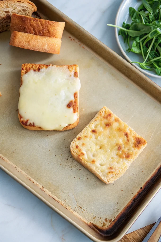 A toasted bread slice with melted cheese on top