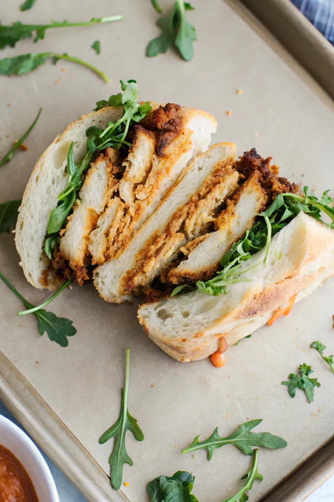 A sliced chicken cutlet sandwich with layers of crispy chicken