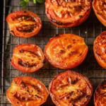 Fire-roasted tomatoes with charred edges placed on a grill rack.