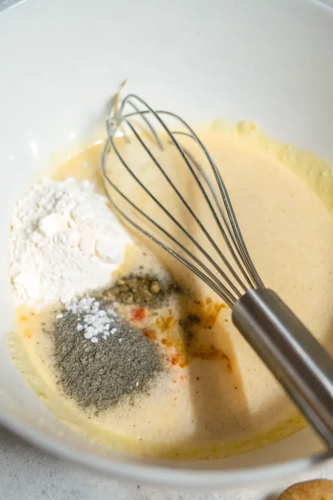 Whisk mixing flour, spices, and creamy ingredients in a bowl to make the sauce for Mac and Cheese Meatloaf Casserole.