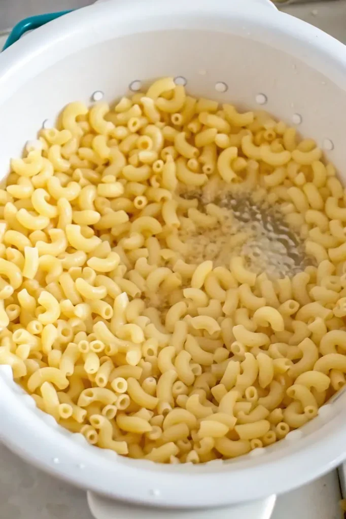 Cooked elbow macaroni draining in a colander.