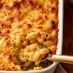 A spoon lifting a portion of baked macaroni and cheese from a casserole dish, showing a creamy, gooey texture and crispy cheese top.