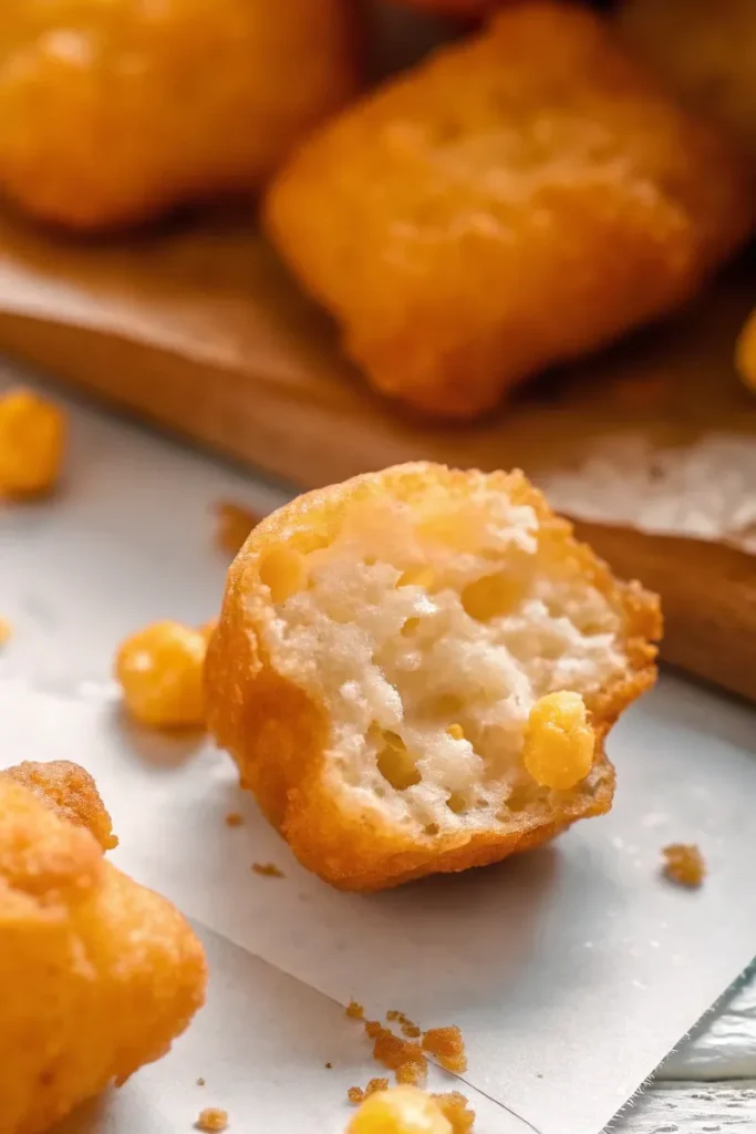 Close-up of a corn nugget split open, showing its fluffy interior with whole corn kernels.