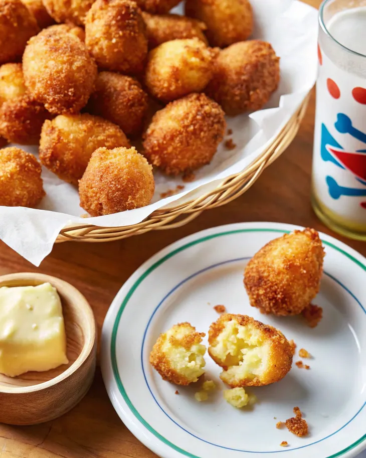 Basket of hush puppies with one broken open on a plate, showing a soft, creamy interior, served with butter on the side.