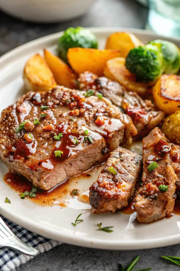 A plate with succulent pork steaks, garnished with herbs, served with roasted potatoes and Brussels sprouts.