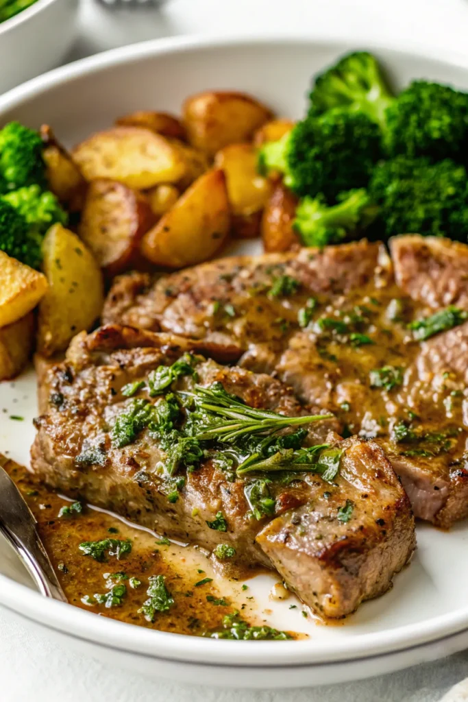 Close-up of a pork steak with rosemary garnish, served with roasted potatoes and broccoli in a white dish.