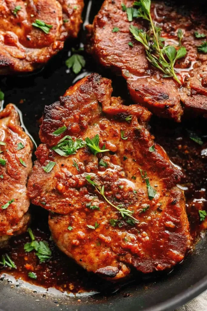 pork steaks cooked in a skillet with herbs and sauce.