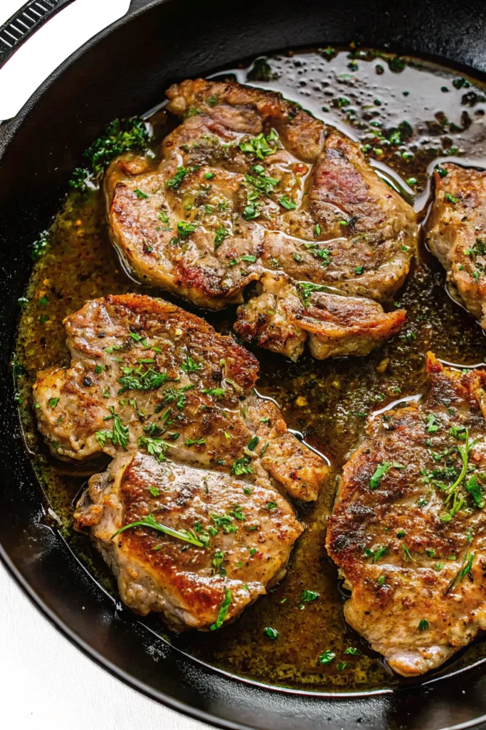 Four pork steaks cooking in a skillet, garnished with rosemary and fresh herbs.