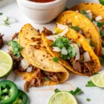 close-up of Birria tacos with cilantro, onions, lime wedges, and jalapeños, served with a dipping sauce.