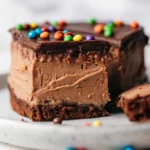 Close-up of a slice of cosmic brownie cheesecake with colorful sprinkles on top.