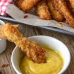 Crispy chicken fry dipped in mustard sauce with more chicken fries in the background