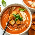 A bowl of creamy tomato soup with croutons and basil leaves, garnished with a swirl of cream and cracked black pepper.