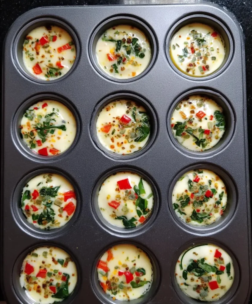 Egg white bites recipe in muffin tray before baking