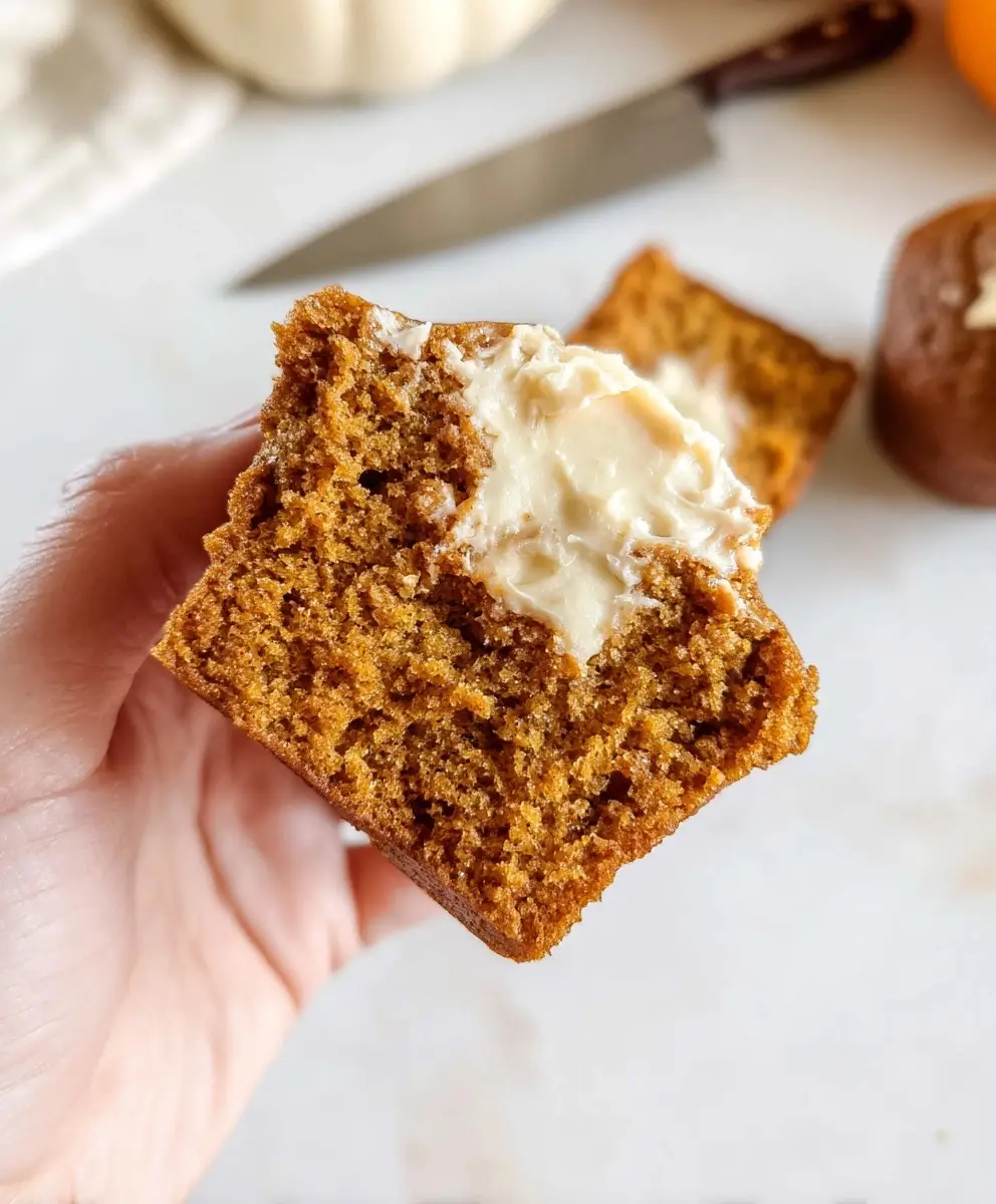 sliced pumpkin muffin showing cream cheese swirl near top