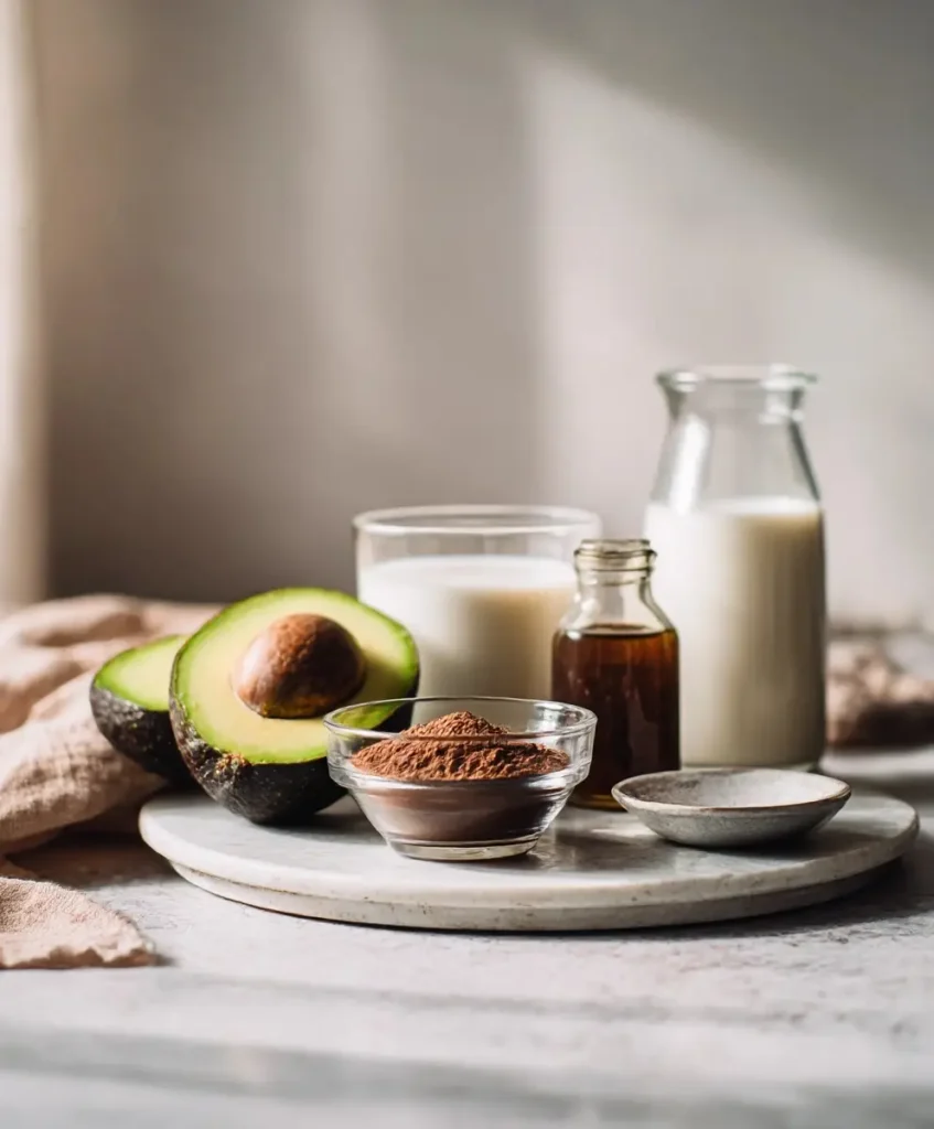 front view of ingredients for chocolate avocado pudding on kitchen counter