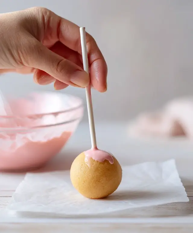 Lollipop stick dipped in pink coating being inserted into cake ball