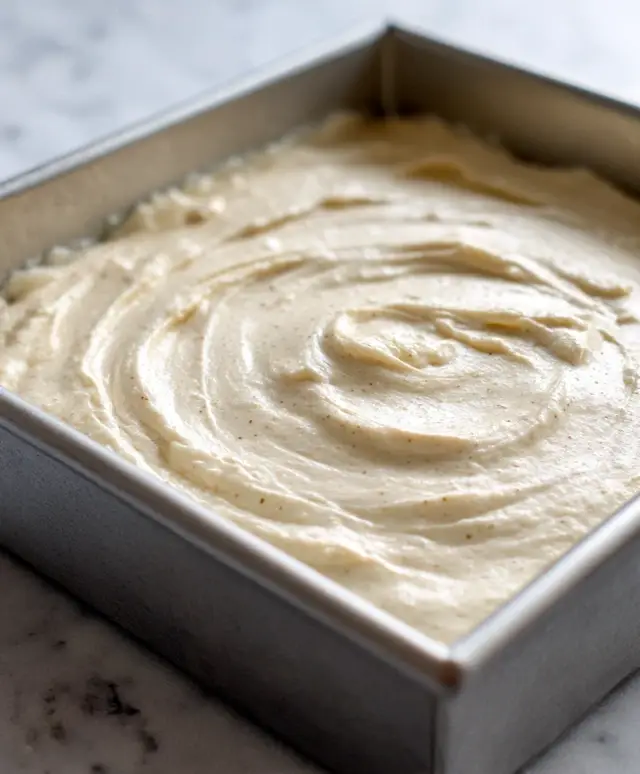 Unbaked vanilla cake batter spread in a metal pan