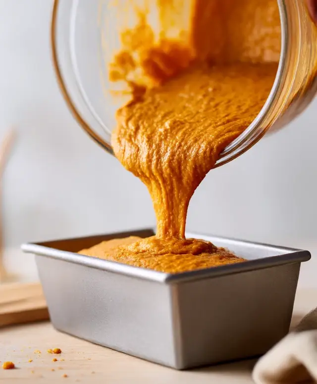 Pouring gluten free pumpkin bread batter into a loaf pan