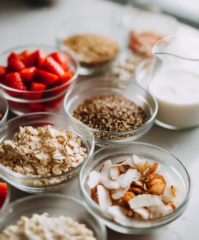 Close-up side view of ingredients for strawberry overnight oats including oats, strawberries, and chia seeds