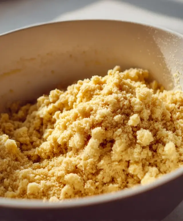 Hands crumbling baked vanilla cake into a mixing bowl