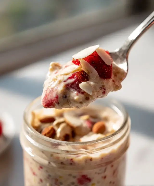 Spoon lifting creamy strawberry overnight oats with coconut and almonds from jar