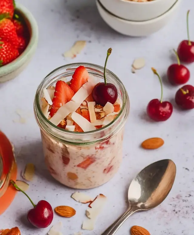 Strawberry overnight oats in a glass jar